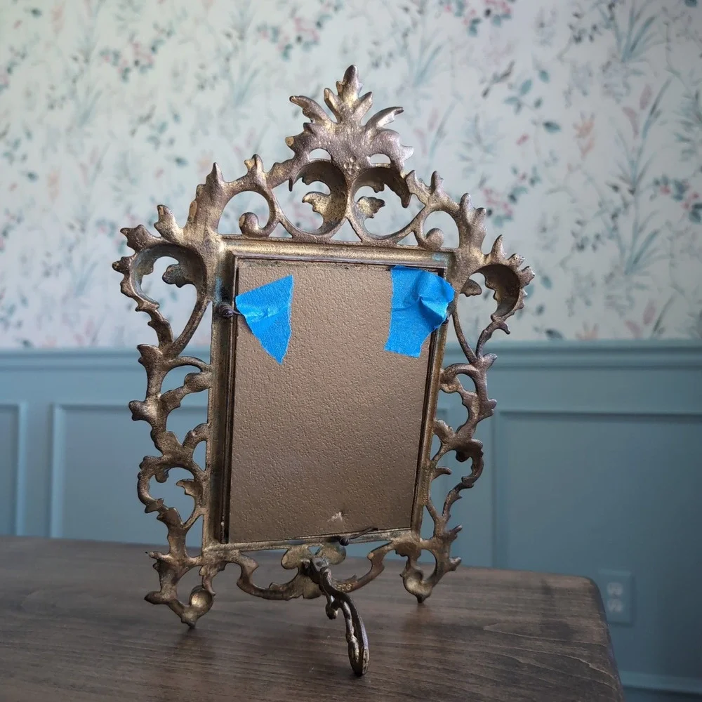 Vintage Rococo Cast Brass Picture Frame~ Ornate Gold Victorian Frame Easel Heavy